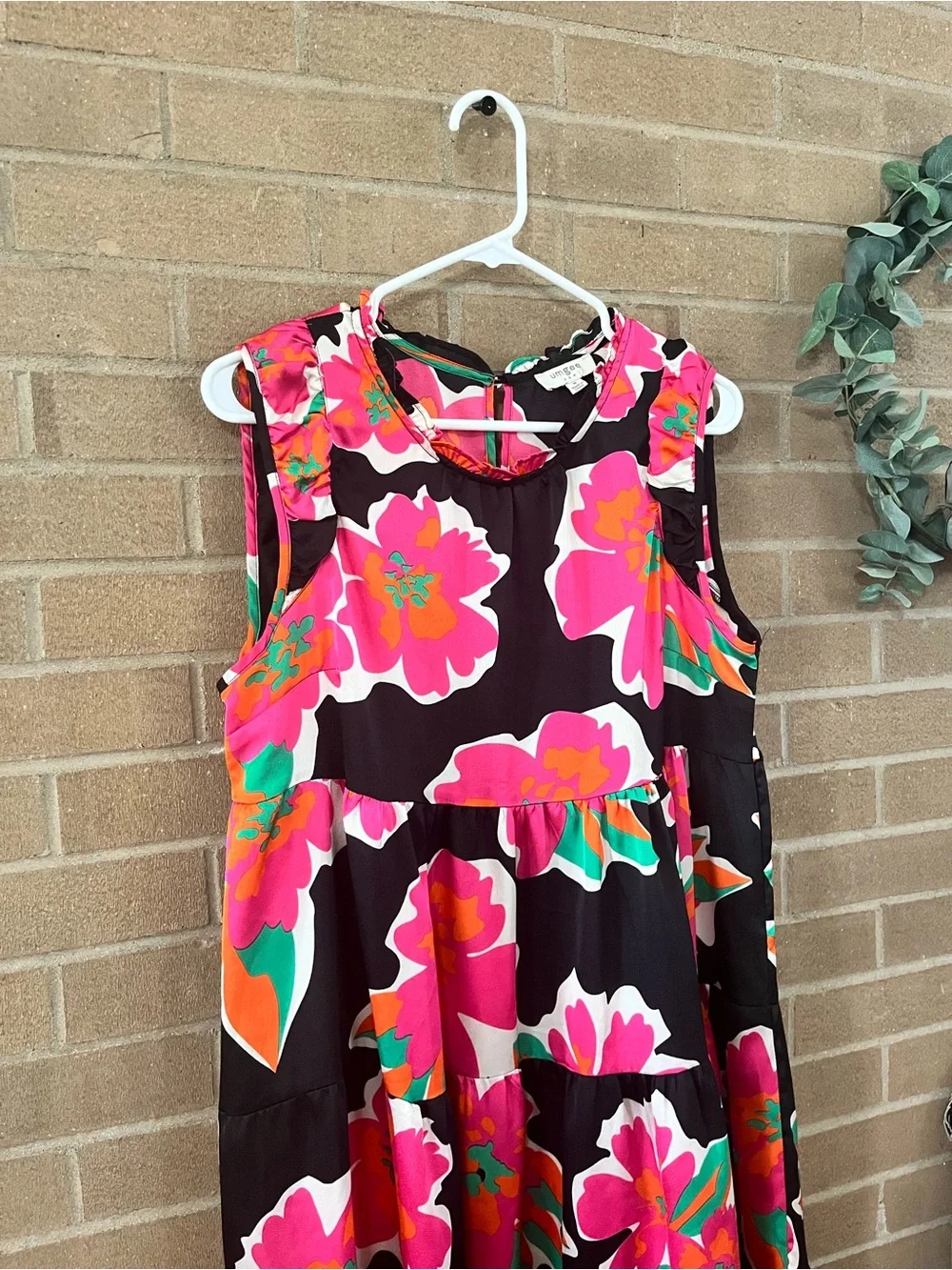 Umgee Black Midi Dress with Hot Pink Floral Print - Picture 3 of 4